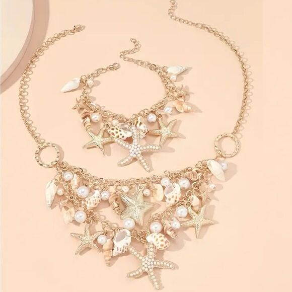 Mermaidcore Boho Nautical Shell Starfish Beach Matching Necklace Bracelet Set - Picture 4 of 4